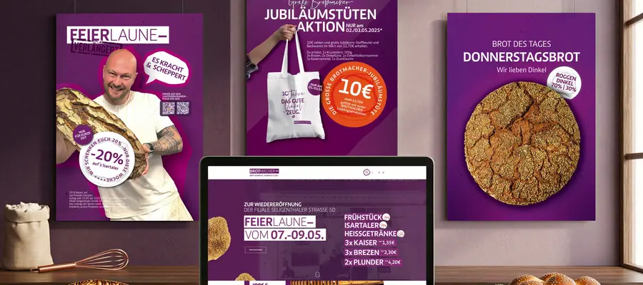 Ein moderner Arbeitsplatz zeigt Werbematerialien der Brotmacher-Werbeagentur zusammen mit einem Laptop. | © madmoses
