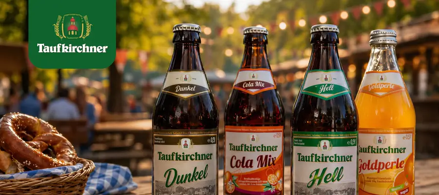 Bierflaschen von Taufkirchner stehen neben Brezeln und Brot auf einem Tisch bei festlicher Atmosphäre in Landshut. | © Taufkirchner