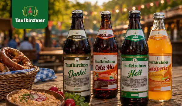 Bierflaschen von Taufkirchner stehen neben Brezeln und Brot auf einem Tisch bei festlicher Atmosphäre in Landshut. | © Taufkirchner