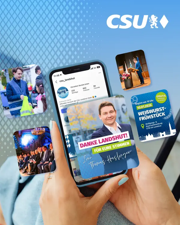 Handy zeigt CSU-Landshut-Account mit Eventankündigungen und Danksagung, unterstützt von madmoses Werbeagentur.