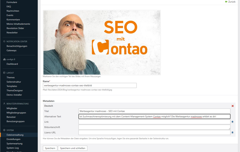 Bild zeigt einen Screenshot aus dem Backend von Contao