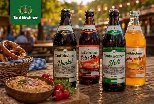 Bierflaschen von Taufkirchner stehen neben Brezeln und Brot auf einem Tisch bei festlicher Atmosphäre in Landshut. | © Taufkirchner