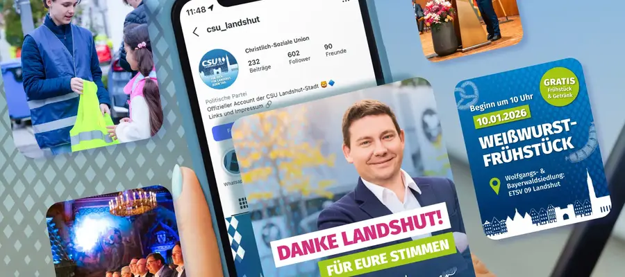 Handy zeigt CSU-Landshut-Account mit Eventankündigungen und Danksagung, unterstützt von madmoses Werbeagentur.