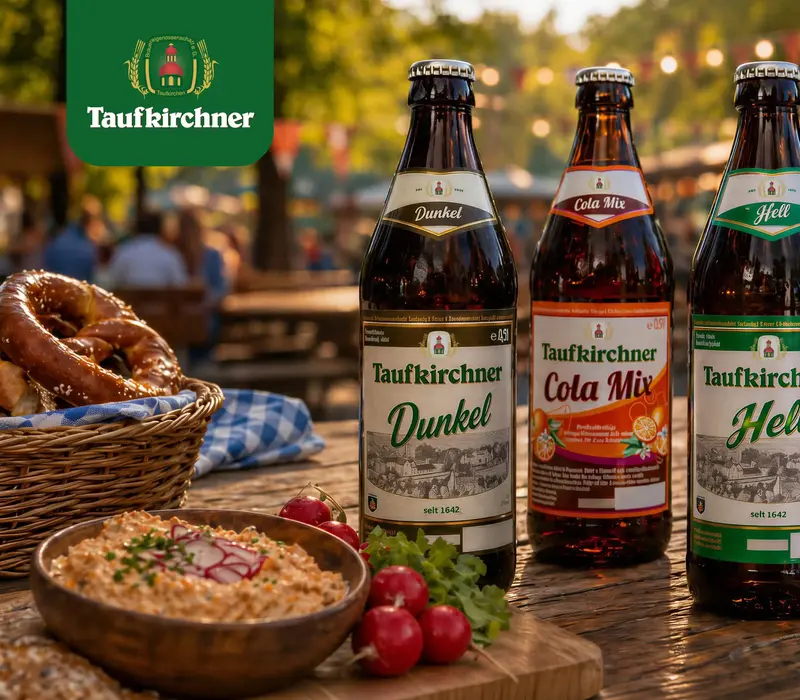 Bierflaschen von Taufkirchner stehen neben Brezeln und Brot auf einem Tisch bei festlicher Atmosphäre in Landshut. | © Taufkirchner