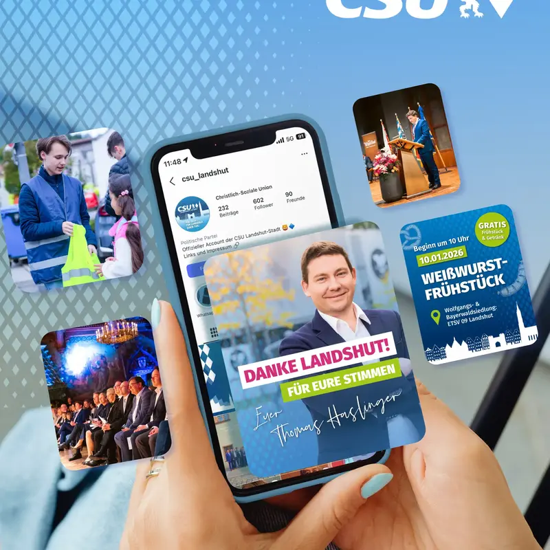 Handy zeigt CSU-Landshut-Account mit Eventankündigungen und Danksagung, unterstützt von madmoses Werbeagentur.