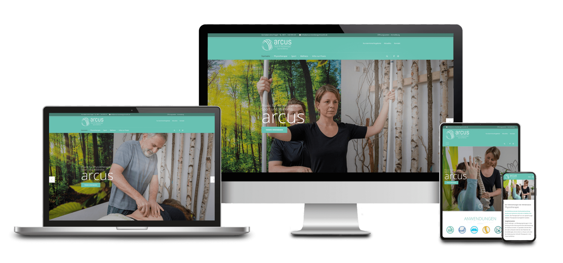 Das Bild zeigt die Website der Firma: "Arcus Krankengymnastik" auf verschiedenen Ausgabegeräten