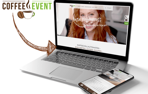 Das Bild zeigt die Website des Betriebs: " Coffee und Event" auf verschiedenen Ausgabegeräten