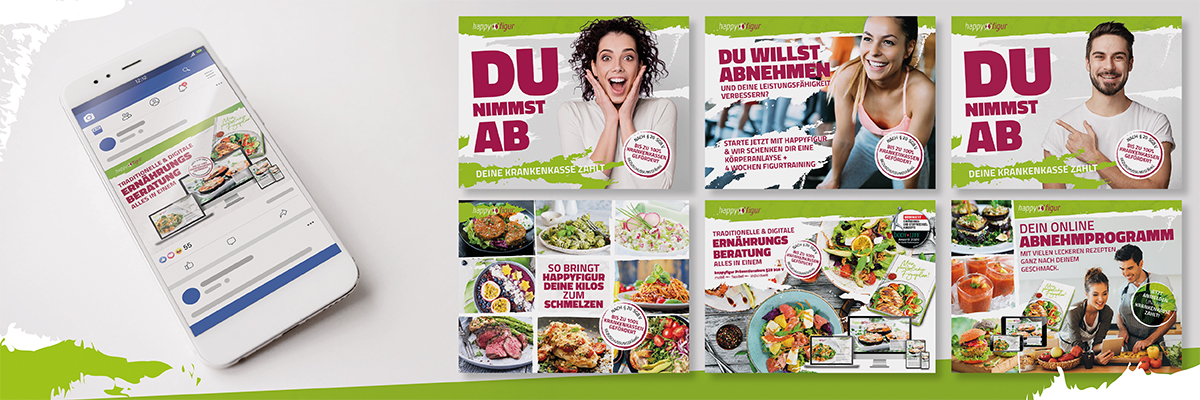 Im Bild sind 6 Verschiedene Social Media Anzeigen der Firma Figur Scout für die Kampagne Happy Figur zu sehen