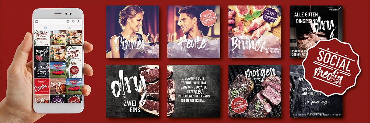 Bild zeigt mehrere Social Media Anzeigen der Firma: "Tremmel Genuss und Event GMBH