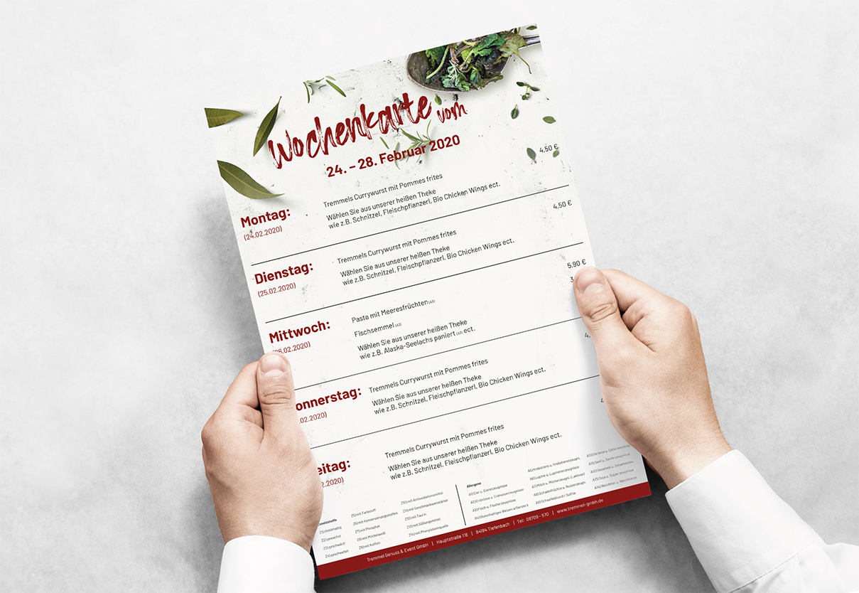 Bild zeigt die Wochenkarte der Firma: " Tremmel Genuss und Event GMBH"