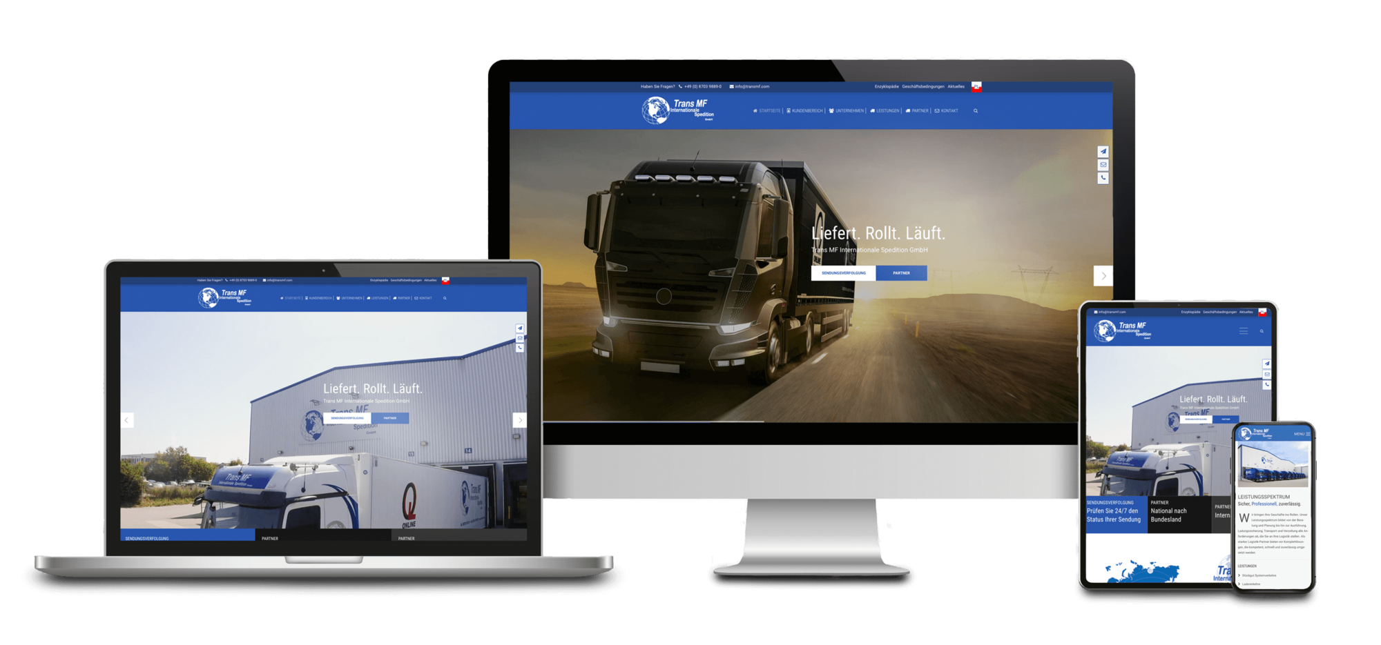 Bild mit Verschiedenen Ansichten der Website: "TransMF Spedition"