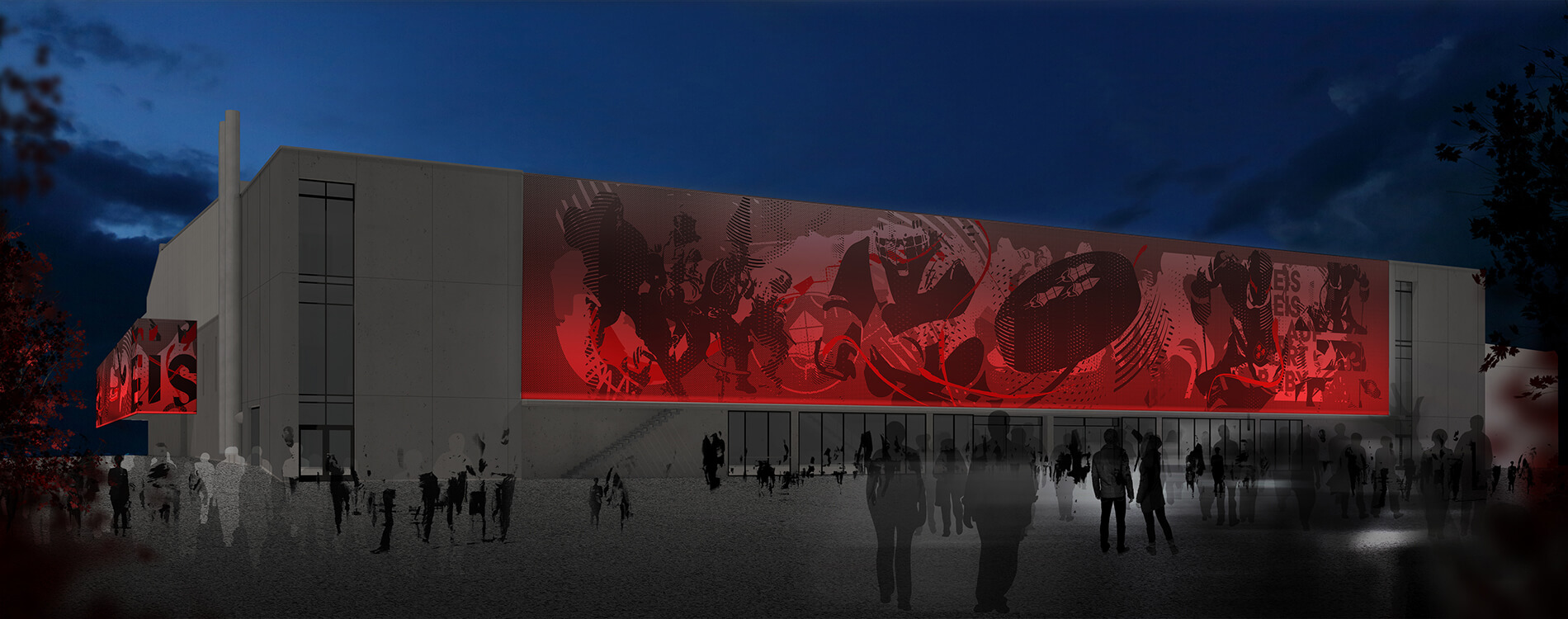 Das Bild zeigt ein Design Der Außenfassade Landshuter Eishockey Halle bei Nacht