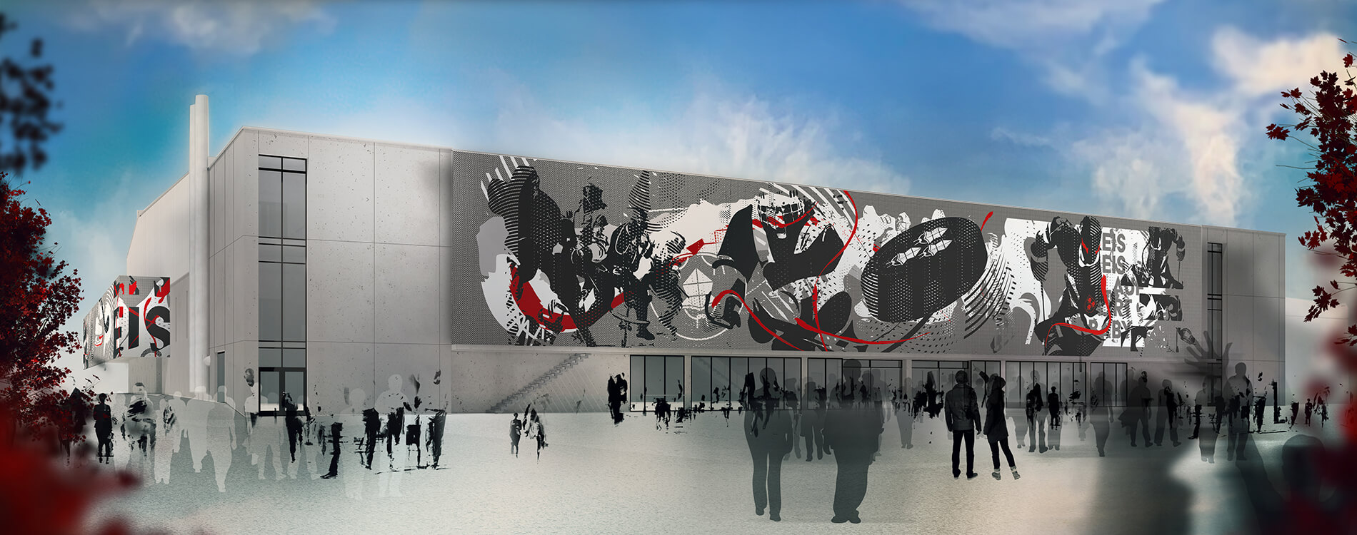 Das Bild zeigt ein Design Der Außenfassade Landshuter Eishockey Halle