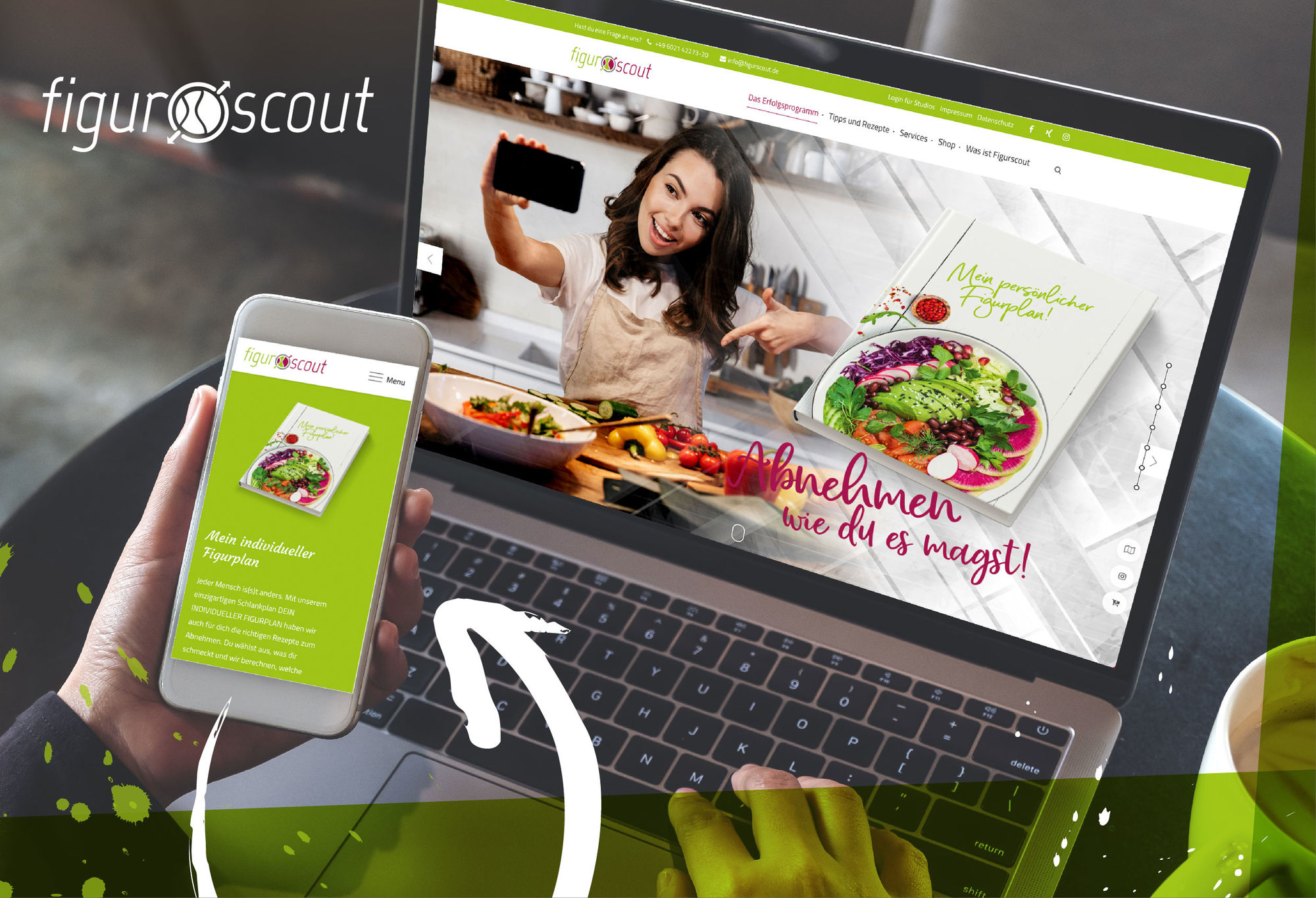 Das Bild zeigt die Website der Firma: "Figurscout" auf mehreren Ausgabegeräten