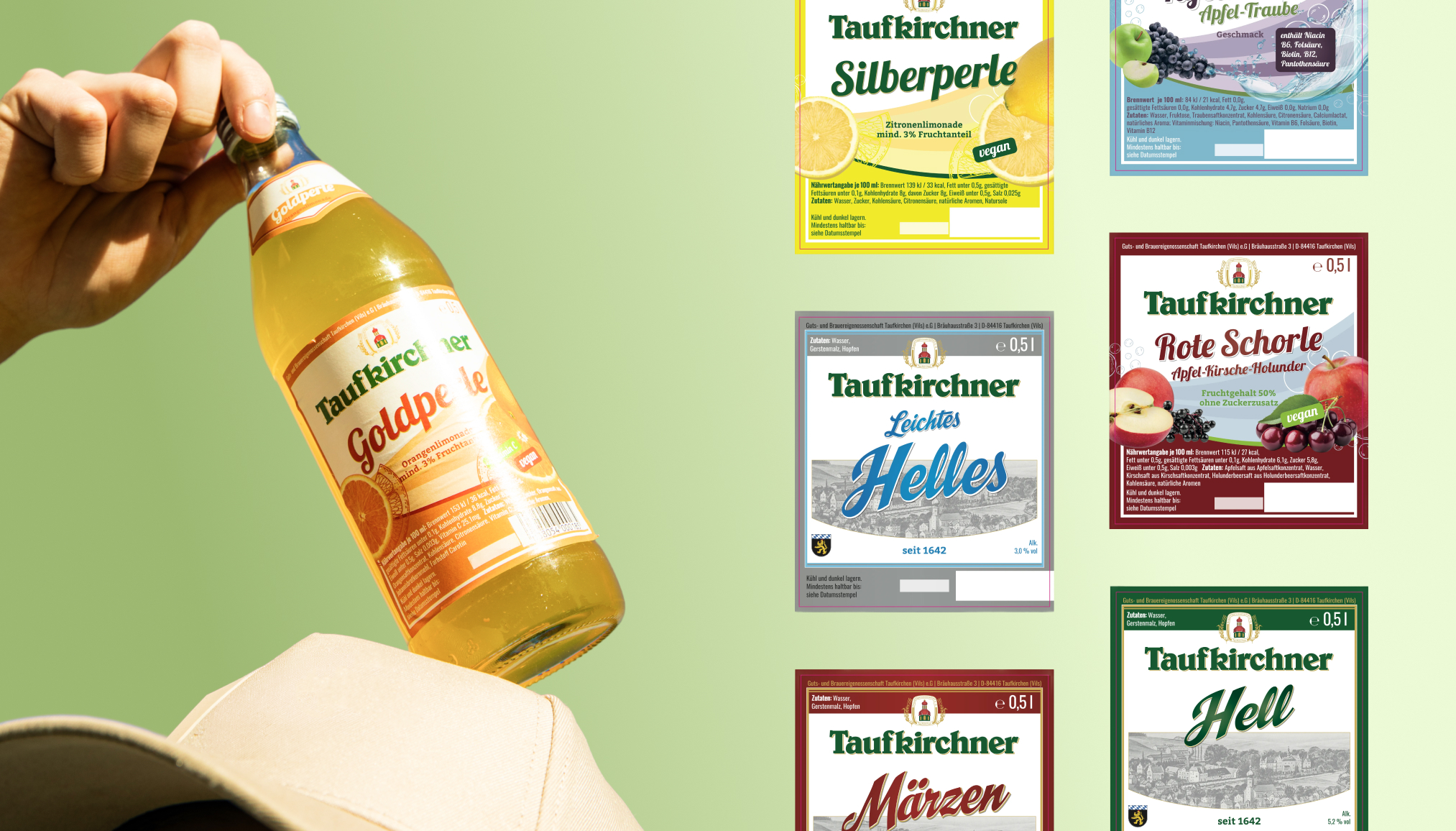 Eine Hand hält eine Flasche Taufkirchner Goldperle vor verschiedenen Getränkeflaschen auf grünem Hintergrund.