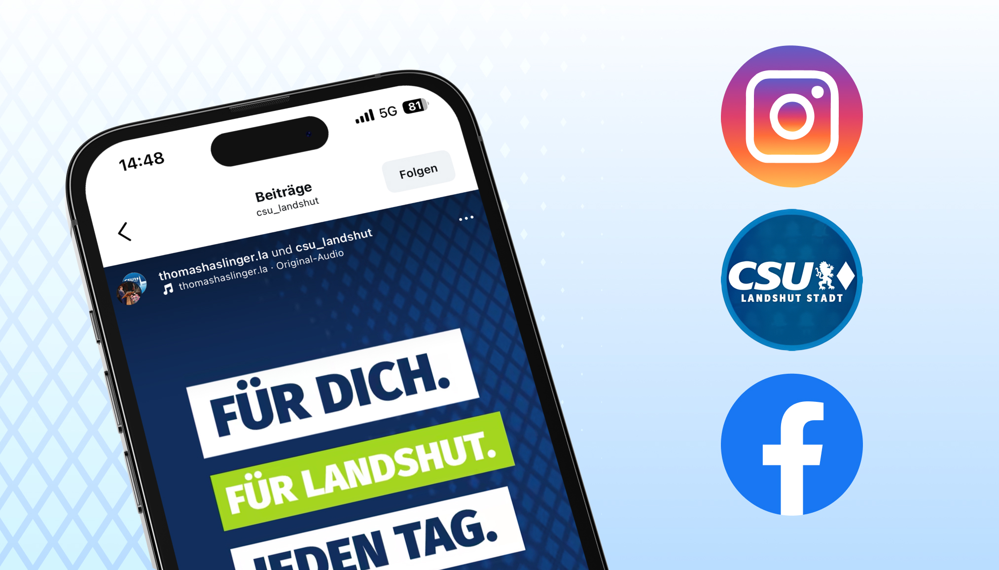 Social Media-Beitrag von CSU Landshut auf einem Handy, präsentiert Corporate Design und ansprechende Inhalte. | © madmoses