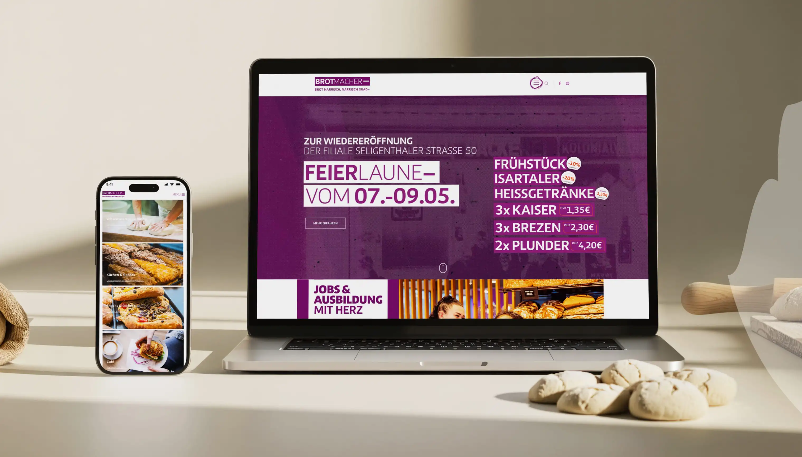 Die Website von Brotmacher zeigt Angebote zur Wiedereröffnung mit ansprechendem Corporate Design | © madmoses.
