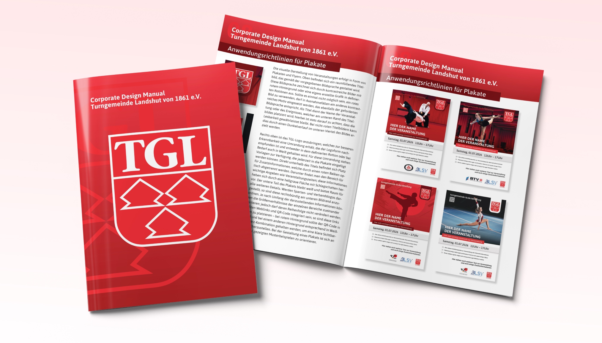 Das Corporate Design Manual von TGL Landshut zeigt Beispiele für Plakatgestaltung und Anwendungsrichtlinien.